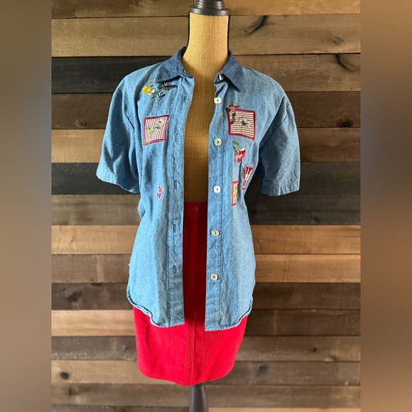 90s Vintage Teddi Blue Cotton Short Sleeves Patchwork Collared Button Up Shirt - Picture 5 of 11